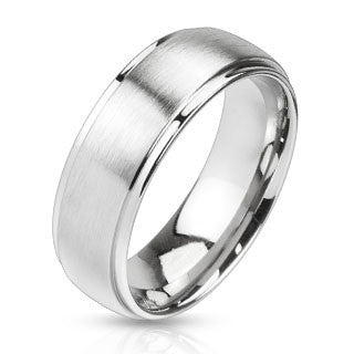 Steel In Love– Brushed silver stainless steel his and her dome ring with polished edges