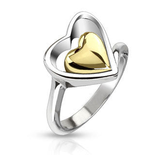 Open Your Heart– Gold and Silver Open Heart Design Ring Silver Stainless Steel