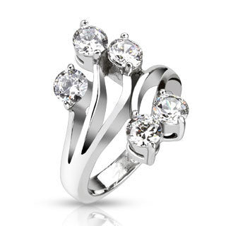 Shooting Stars Ring - Curvy Design Stainless Steel Comfort-Fit Engagement Ring with Five Clear Cubic Zirconias