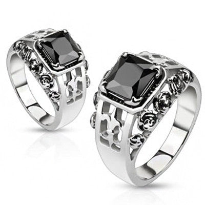 Black Rose Royal – Black square-cut gemstone Fleur De Lis and Roses stainless steel ring