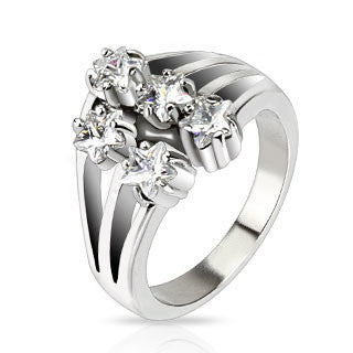 Starbright – Dazzling Stainless Steel Ring With Five White Cubic Zirconia Star Settings on Multi-Pronged Band