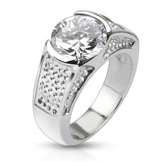 Winter Wonderland– Sophisticated Wide Stainless Steel Band with Large Round-Cut Center Cubic Zirconias