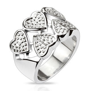 Heart to Heart – Chunky-Style Wide Silver Stainless Steel Band with Five Solid Hearts and Heart Cut-Outs