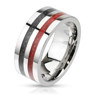 Start Your Engine– Black and red carbon double inlay wide polished band stainless steel ring