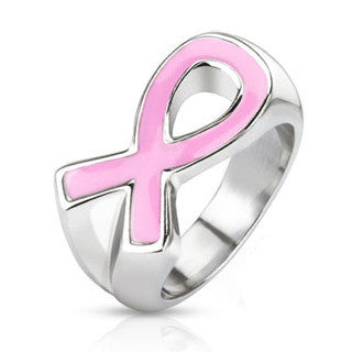 Pink Ribbon - Pink Enamel Filled Stainless Steel Symbol of Breast Cancer Awareness Ring