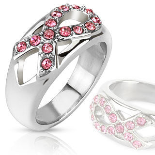 Pink Ribbon Sparkler - Breast Cancer Awareness Symbol with Pink CZ Stainless Steel Ring