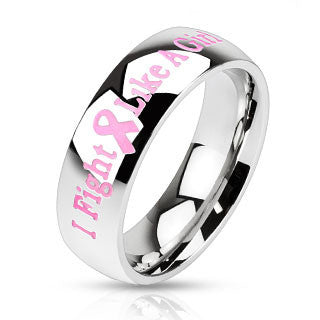 I Fight Like A Girl –Mirror Polished I Fight Like A Girl Slogan Stainless Steel Pink Ribbon Breast Cancer Awareness Band