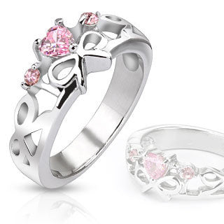 Sentimental - Pink Cubic Zirconia Heart with Bow Stainless Steel Engagement Ring