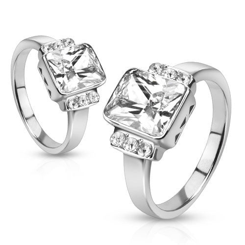 Joyful –  Polished Stainless Steel Radiant-Cut White Solitaire Cubic Zirconia Studded Engagement Ring