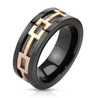 Magnum - Rose Gold-IP Rectagular Center band Black Ion-Plated Comfort Fit Stainless Steel Ring