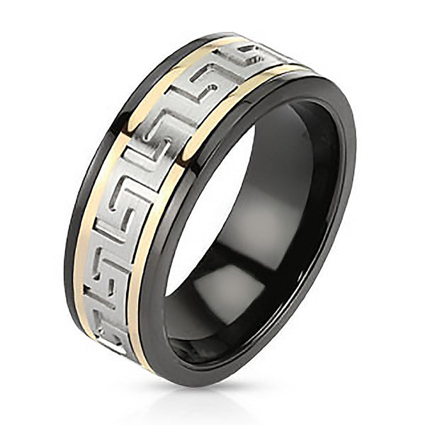 Apollo - Black Ion Plated Stainless Steel Spinner Ring with Tri Toned Maze Design