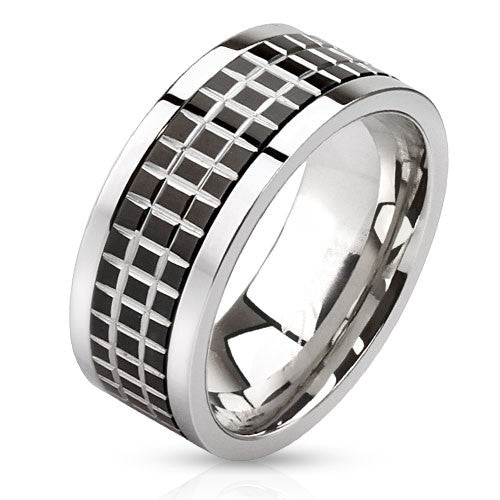 Graph Paper – Edgy Polished Stainless Steel Black Tile Center Spinner Ring