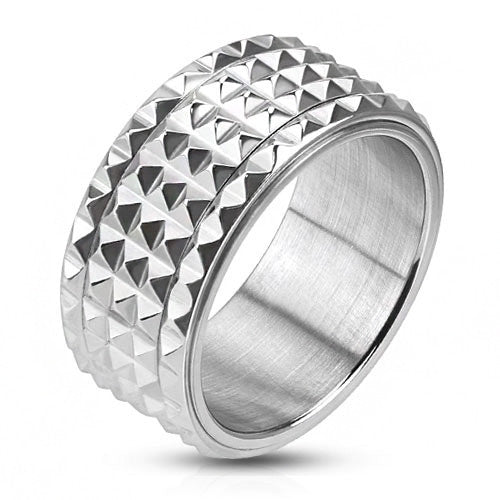Spike – Pyramid-cut spiked silver stainless steel men’s spinner ring