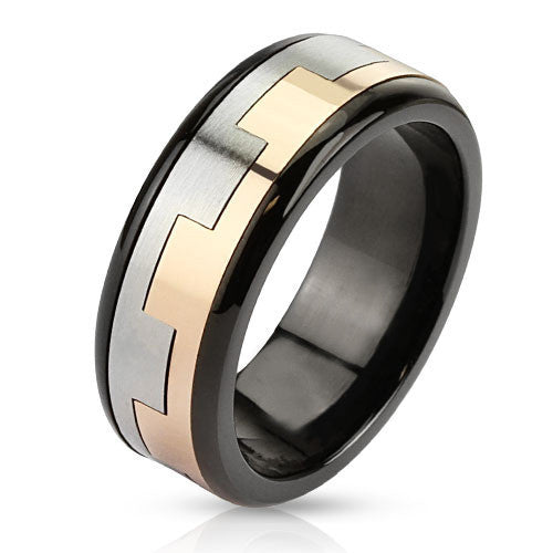 Castle Wall – Tri-Tone Black Silver Rose Gold Stainless Steel Square Link Pattern Spinner Ring