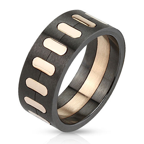 Photo Finish – Masculine Oval Segmented Rose Gold Black Brushed Finish Stainless Steel Ring