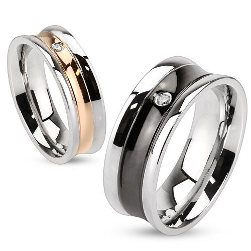 Love in Vogue – Gold and Black IP Two-Tone His-and-Hers Wedding Ring with Cubic Zirconia Solitaire in Stainless Steel