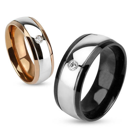 Elegance for Two–Gold and Black IP Two-Tone His-and-Hers Dome Wedding Ring with Cubic Zirconia Solitaire in Stainless Steel