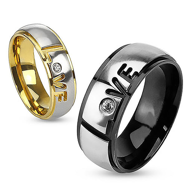 Band of Love - Carved Gold and Black IP Couples Love Ring with Cubic Zirconia in Two Tone Stainless Steel