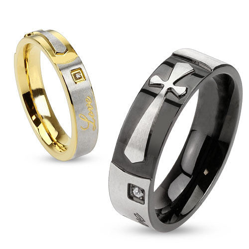 Faith in Love– Round-Cut Cubic Zirconia Set in Black and Gold IP Engraved His-and-Hers Stainless Steel Cross Ring