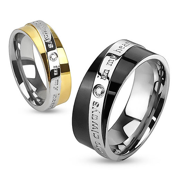 Always In My Heart - Round cut cubic zirconia set in gold and black IP engraved couples stainless steel ring