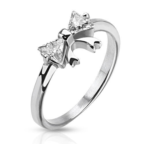 Silver Bow – White Cubic Zirconia Bow Design Polished Stainless Steel Ring