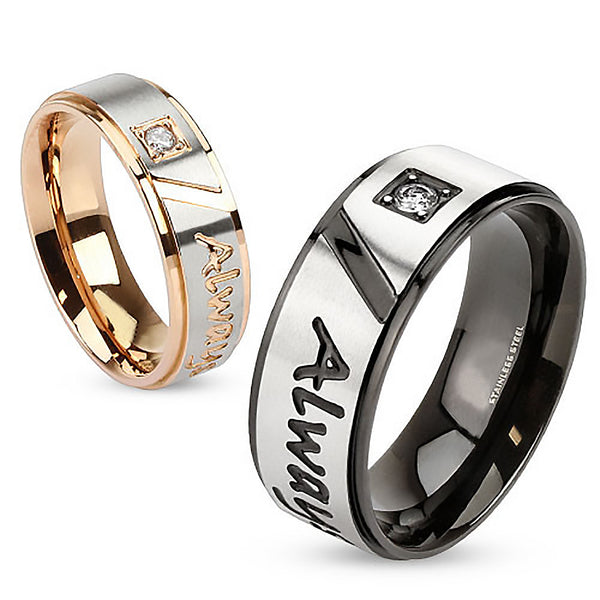 Always Together - Round cut cubic zirconia set in rose gold and black IP engraved his-and-hers stainless steel anniversary ring