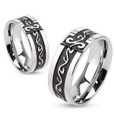 Tribal Meets Tuxedo – Black oxidized stainless steel center band with silver tribal scrollwork design couples ring