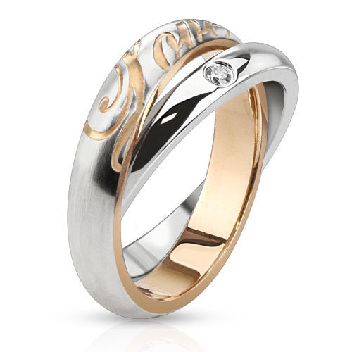 Double the Love– Polished rose gold IP and silver stainless steel engraved double band love ring with cubic zirconia solitaire