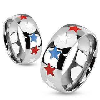 Home of the Brave  – Patriotic red white and blue enamel stars stainless steel unisex dome band ring