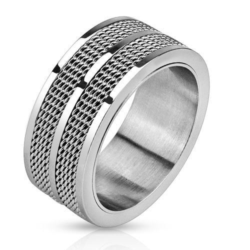 Double Gridwork – Double grid center band design silver stainless steel men’s ring