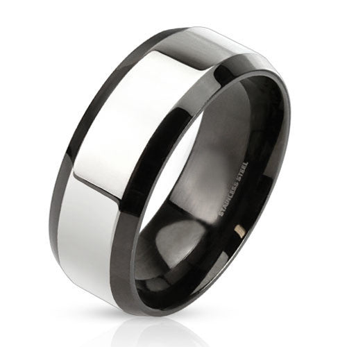 Upscale– Glossy two tone black IP and silver stainless steel beveled edge men’s ring