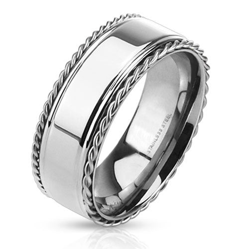 The Baron– Stainless steel ring with polished center band and twisted rope edges