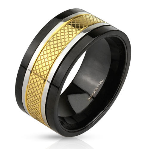 Fame and Fortune- Black IP gold IP and silver tritone etched center band spinner ring in stainless steel