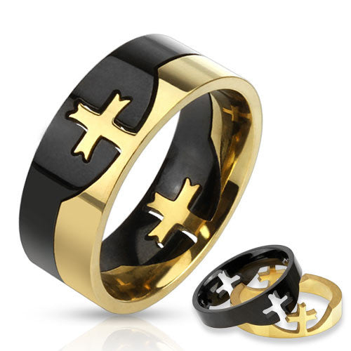 Crowning Cross – Two piece two-tone black and gold IP stainless steel cross men’s puzzle ring