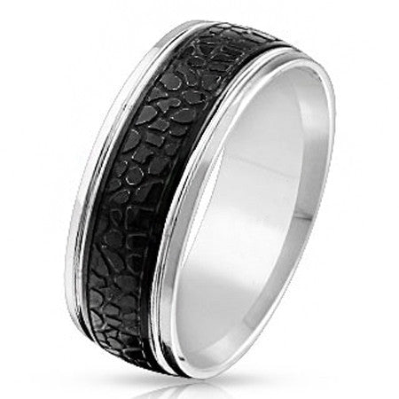 Sea Monster – Black IP silver stainless steel crocodile skin pattern men’s ring