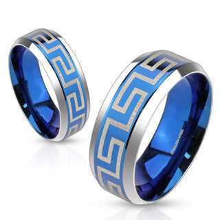 Loyal – Blue IP etched Meander-Greek Key maze design silver stainless steel his and hers ring