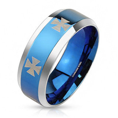 Iron Blue – Laser etched iron cross design blue IP and silver stainless steel band with beveled edges