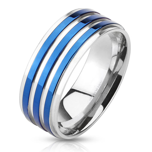 Skyfall - Triple blue IP band silver stainless steel men’s ring