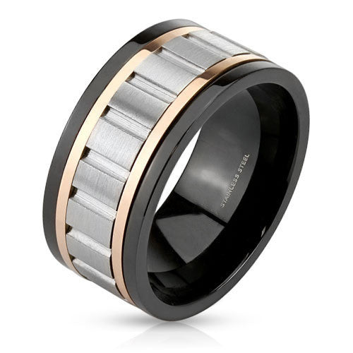 Spinography - Silver rose gold and black IP stainless steel grooved center men's spinner ring