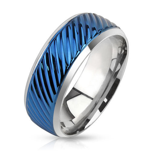 Blue Whirlwind – Blue IP and silver diagonal groove cut stainless steel men’s ring