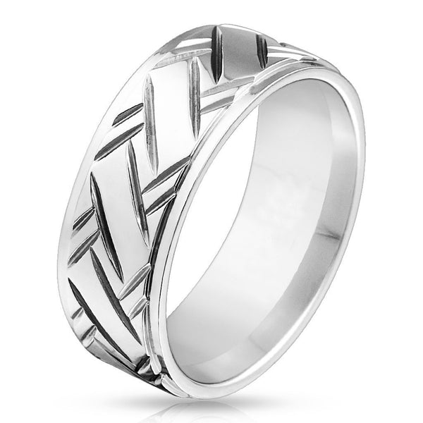 Hatchet - Cross hatched diamond cut stepped edge stainless steel men’s ring