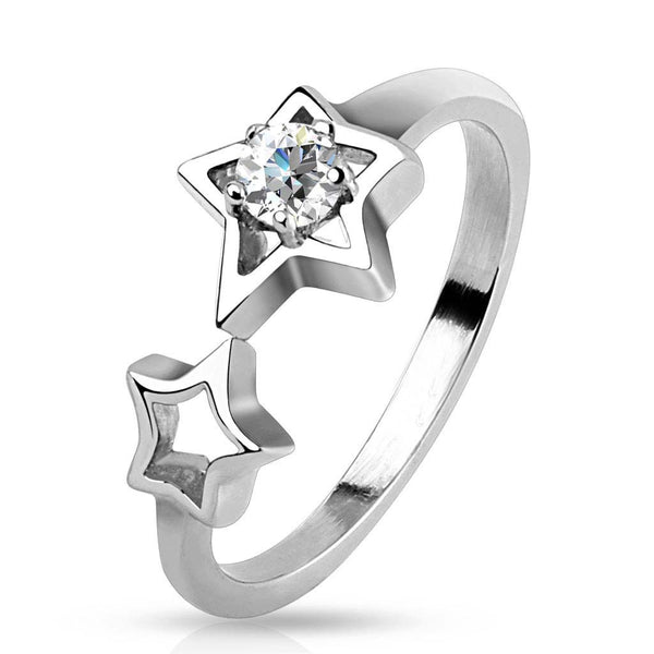 Starfall - Double stars with white cubic zirconia solitaire silver stainless steel ring