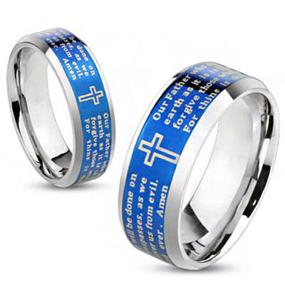 Thy Kingdom Come - Lord's Prayer inscribed blue IP bevelled edge stainless steel his and hers ring