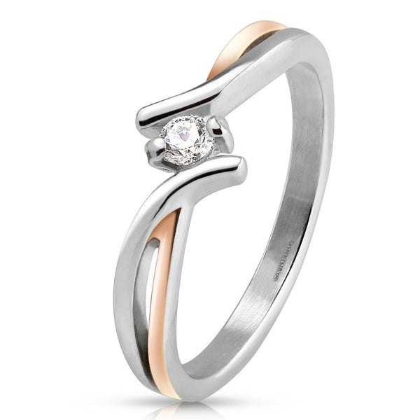 Blush - Rose gold IP silver stainless steel two tone cross over band with cubic zirconia solitaire stone