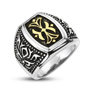 King's Cross – Wide Polished Stainless Steel Signet Design Gold Ornamental Cross Ring