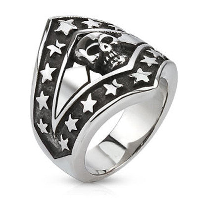 Star Spangled Skull – Black oxidized silver stainless steel patriotic stars skull men’s ring