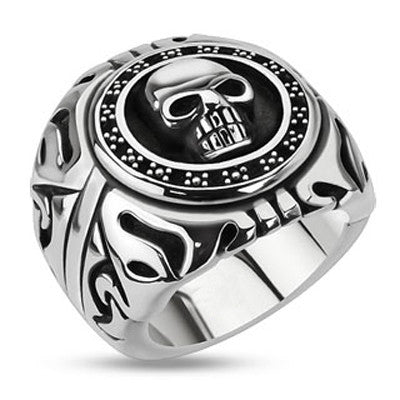 Skull Signet – Black oxidized silver stainless steel wide men’s skull signet ring