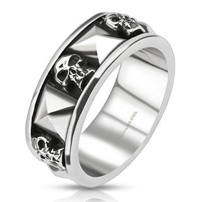 Skulls ‘n’ Studs – Oxidized silver stainless steel skull face with studs men’s ring