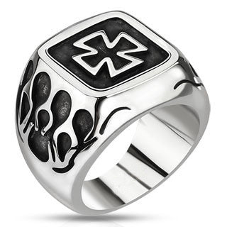 Iron Flames - Oxidized stainless steel iron cross signet ring with flame details