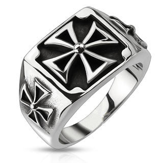 Triple Iron Cross - Three iron cross black oxidized stainless steel men’s signet ring